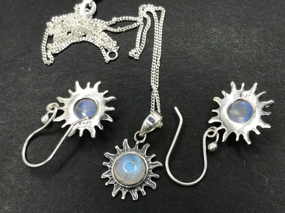 Rainbow moonstone pendant earrings set, solid Sterling silver, sun, gift box.