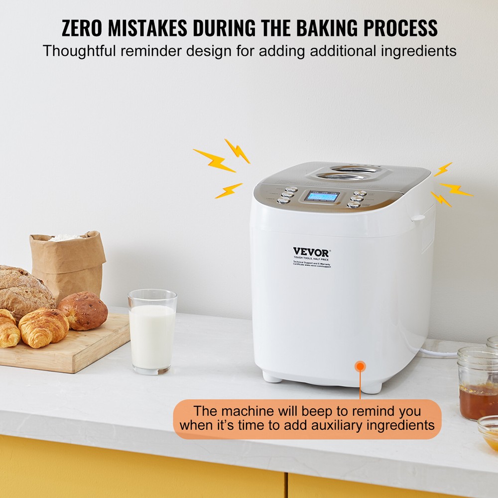 VEVOR 3LB 15-in-1 Bread Maker Automatic Compact Dough Machine Nonstick White