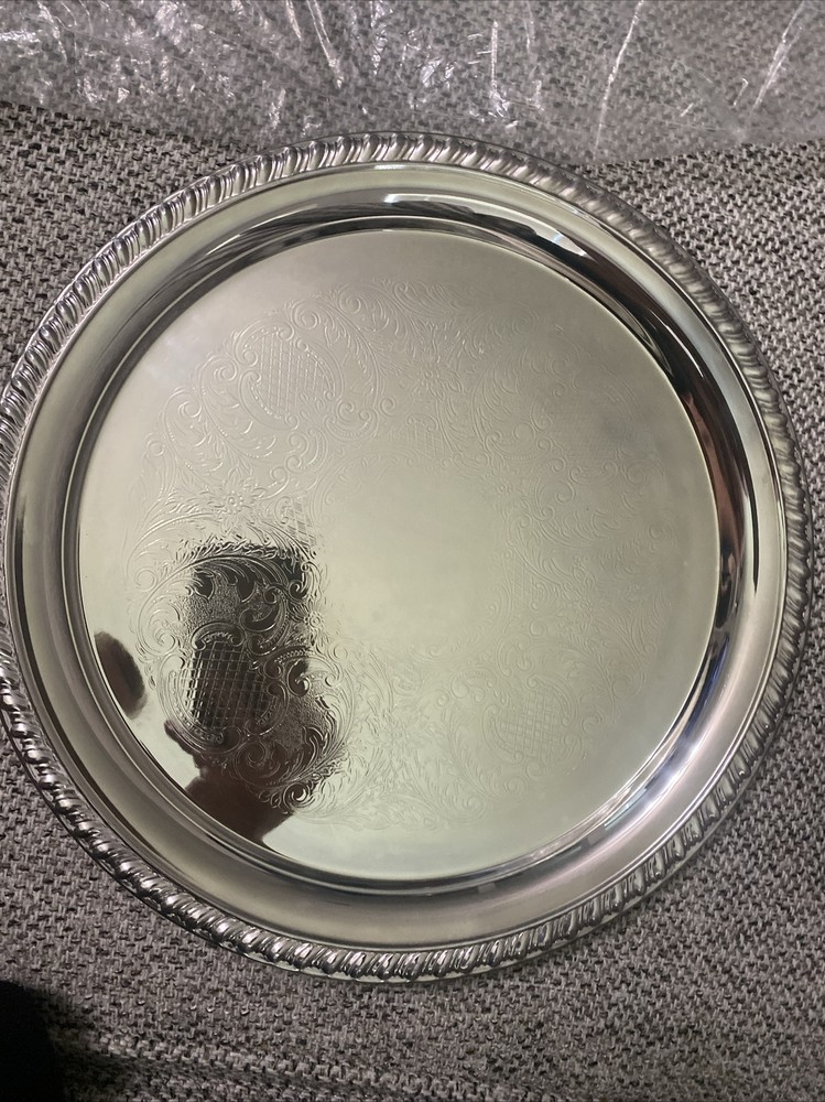 Leonard Silver Plated Tray Round 12" Diameter Tray Silverplate Pineapple Pattern