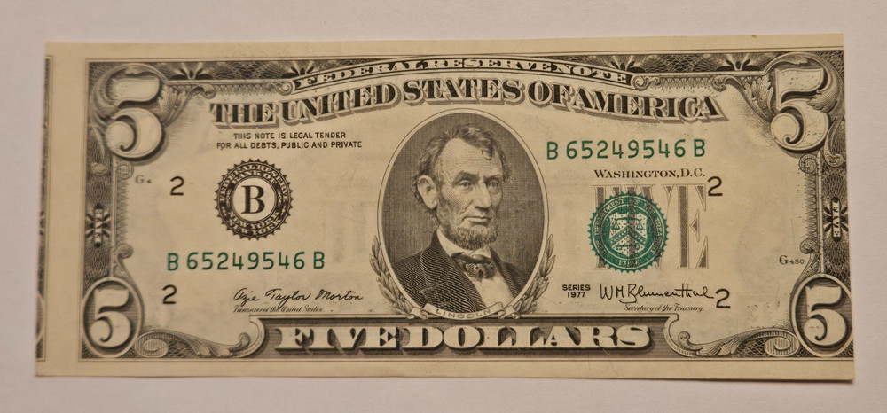 1977 $5 FRN New York MISCUT MISALIGNED OFF CENTER 3RD PRINTING ERROR NOTE FIVE $