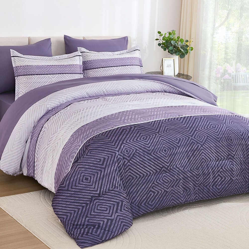 Drucon Queen 7-Piece Boho Striped Comforter Set - Soft Microfiber Bedding