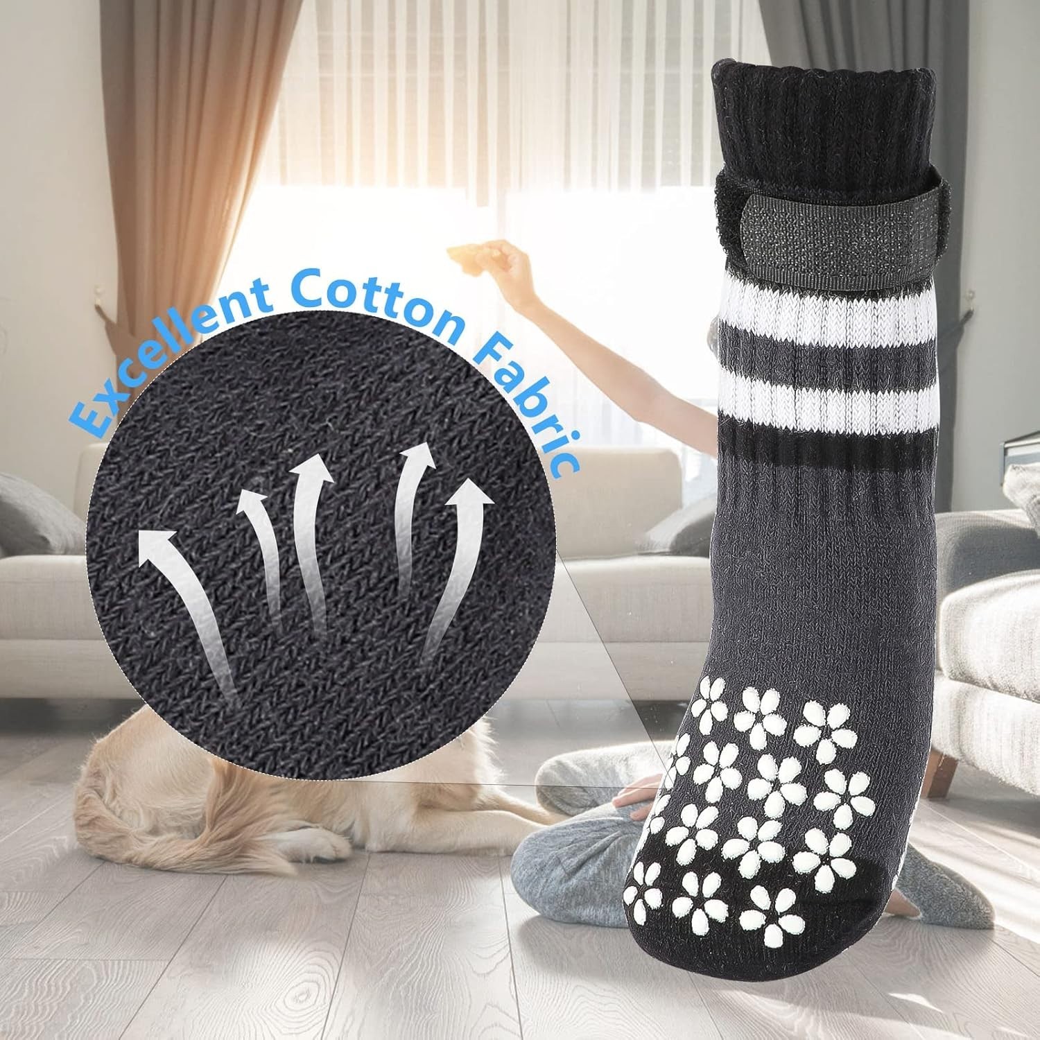 Double Side Anti-Slip Dog Socks 3 Pairs Dog Grip Socks with Adjustable Strap (M)