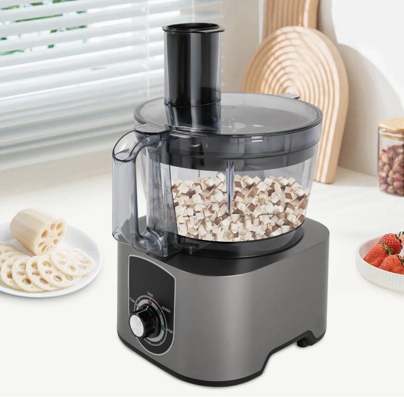 Full-Size Electric Food Processor, Gray, Multiple Blades, Dicing Grids, 3 Speeds