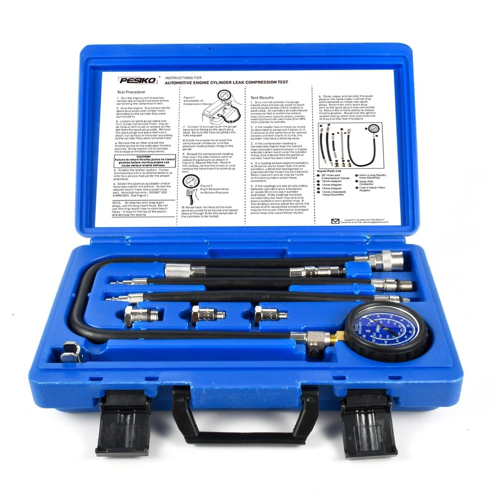 Engine Compression Tester Kit 0-300 PSI | Cylinder Gauge & Spark Plug Adapters