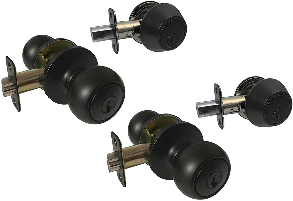 2 Entry Entrance with Deadbolt  Black Door Lock Locks Knob round knobs Keyed