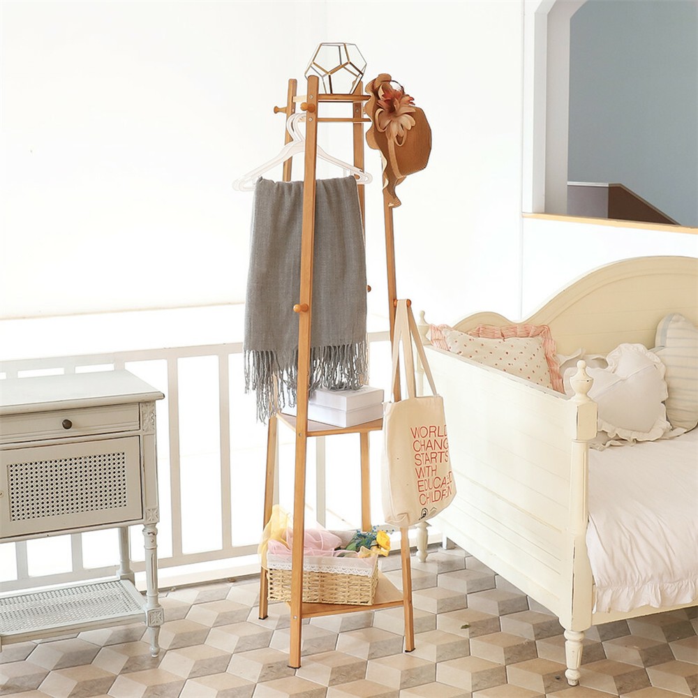 Solid Wood Coat Rack Stand Clothes Hanging Rail Rack Shelf Closet Portable Use