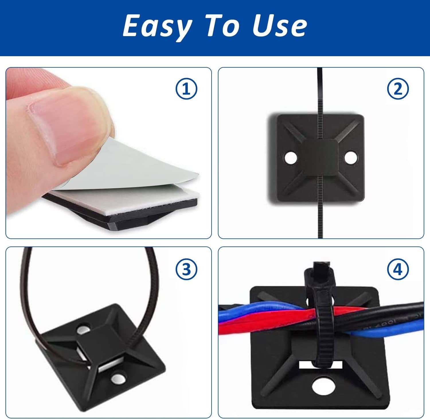 50 Sets Cable Zip Tie Mounts Kit With Self Adhesive 3/4" Wire Holder Squares Bla