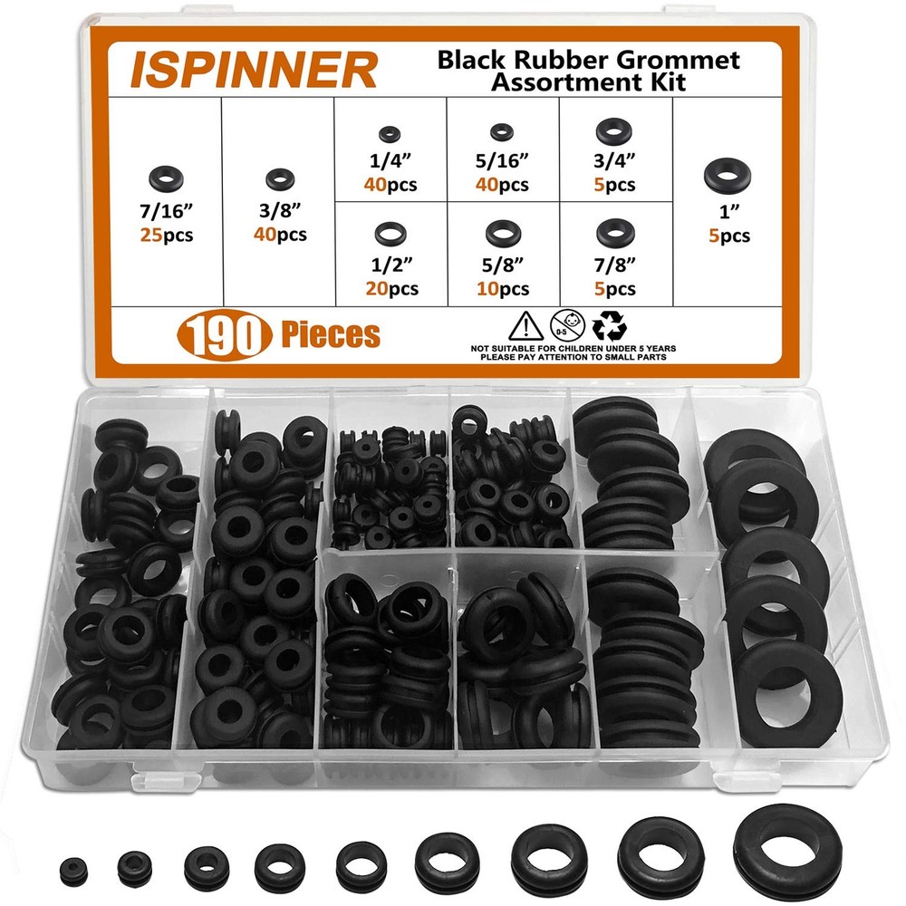 ISPINNER 190pcs Rubber Grommet Assortment Kit, 9 Sizes Eyelet Ring Black