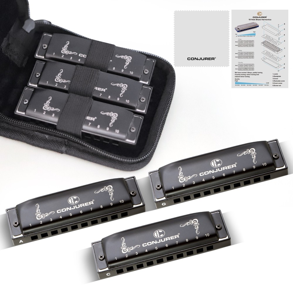 CONJURER Blues Harmonica 3 Keys Professional 10 Hole Diatonic Harmonica Set