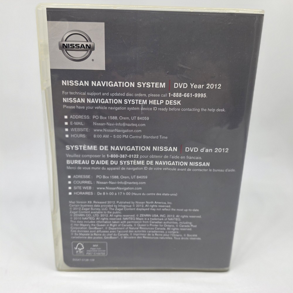 Nissan Navigation System DVD 2012 North America Map Version X9 Navteq