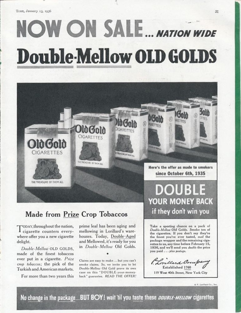Magazine Ad - 1936 - Old Gold Cigarettes