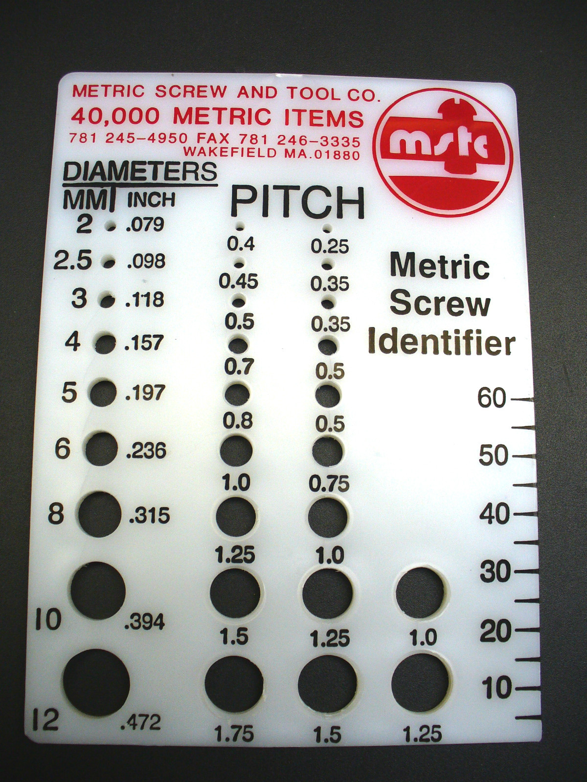 METRIC SCREW AND BOLT THREAD IDENTIFIER / CHECKER W/ THREADED HOLES MADE IN USA