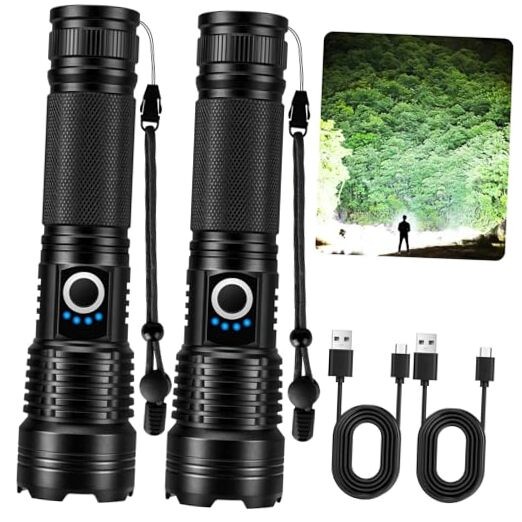 Rechargeable Flashlights 90000 High Lumens - 2 Pack, Super Bright LED
