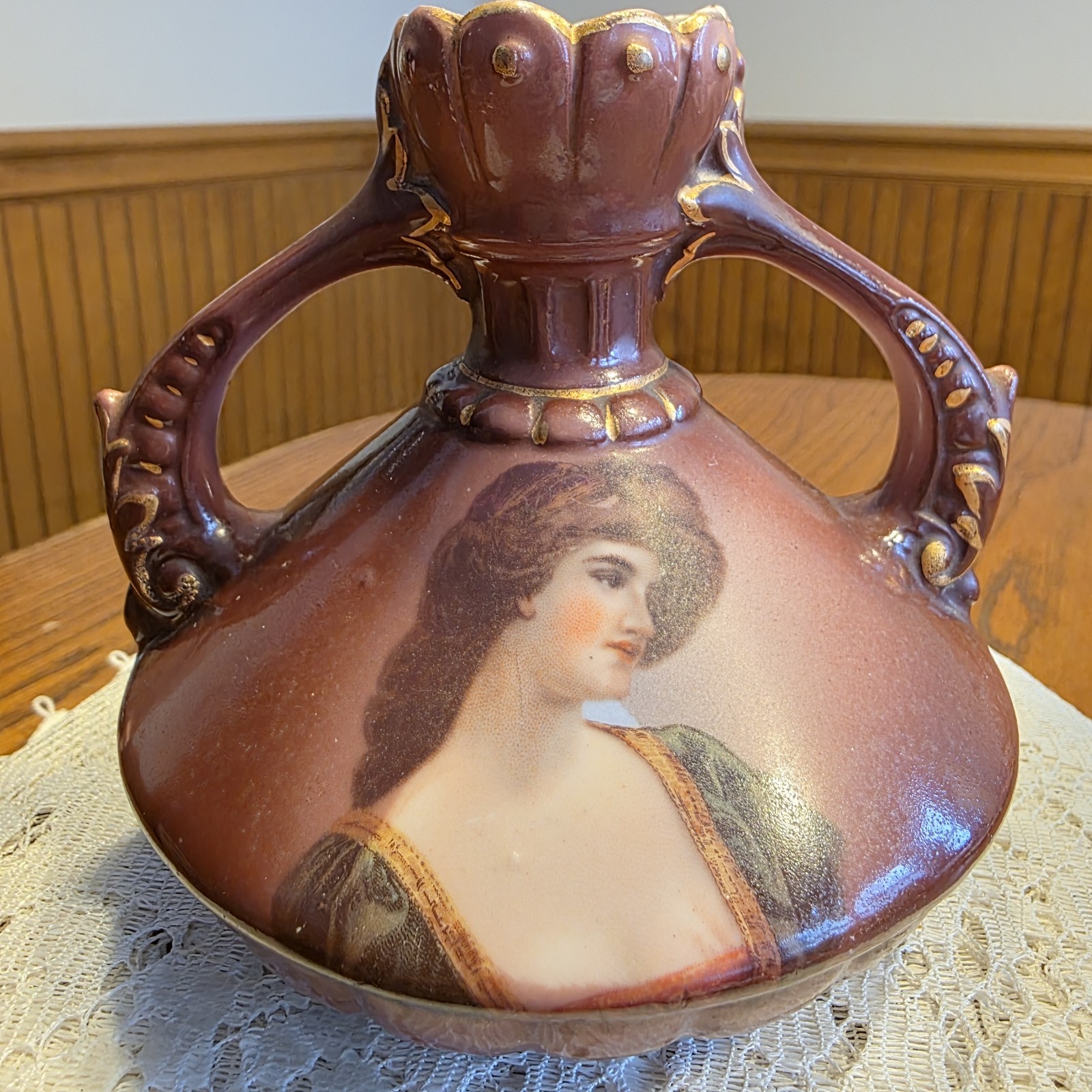 Antique Victorian Porcelain Squat Bud Vase 2 Handled Austria Portrait Vintage