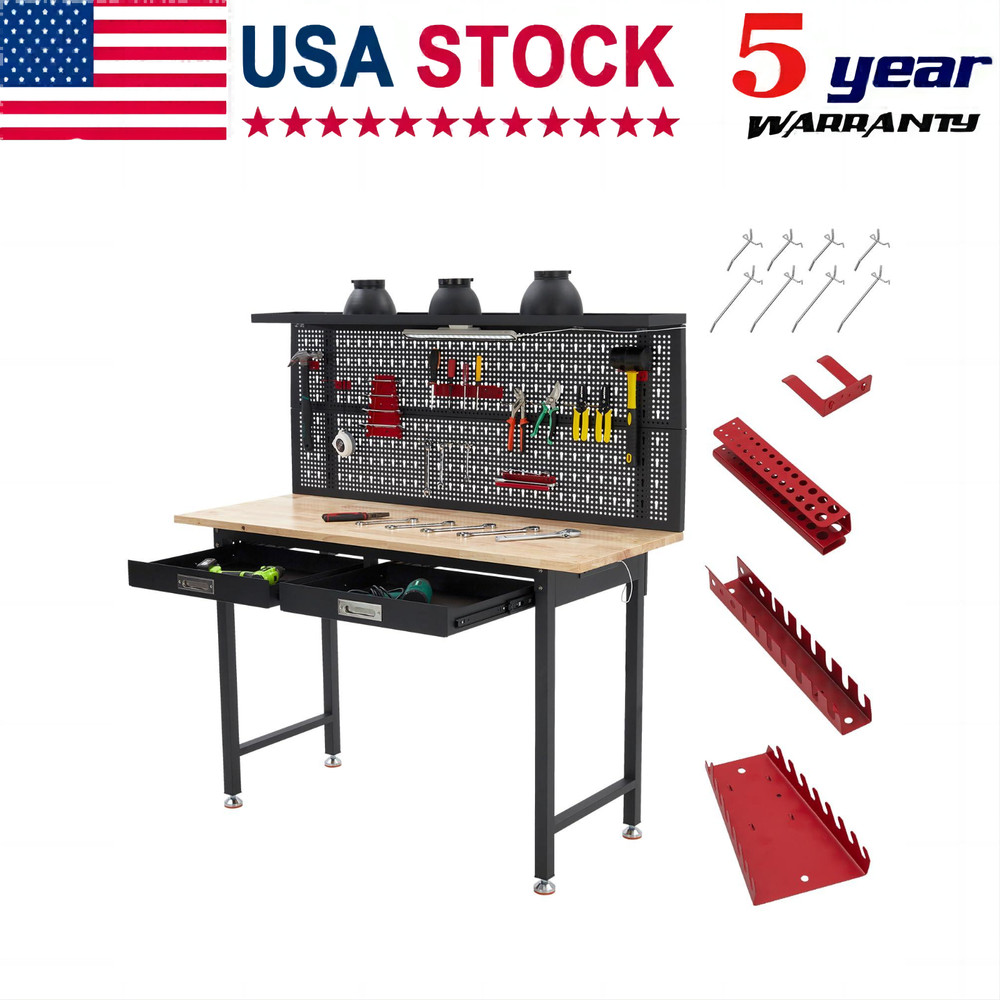 60" Adjustable Heavy Duty Workbench Work Table w/ Drawers & LED Light & Pegboard