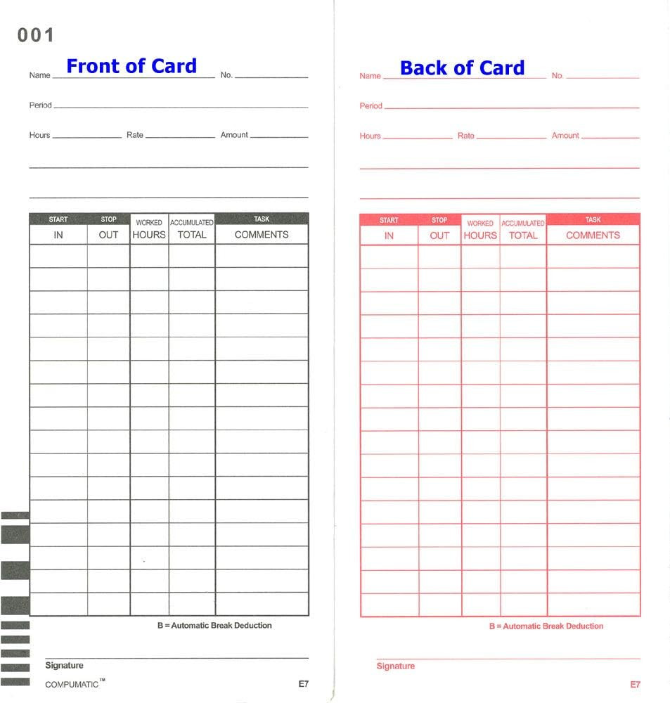 100 Time Cards for Lathem 7000E and 7500E Time Clocks