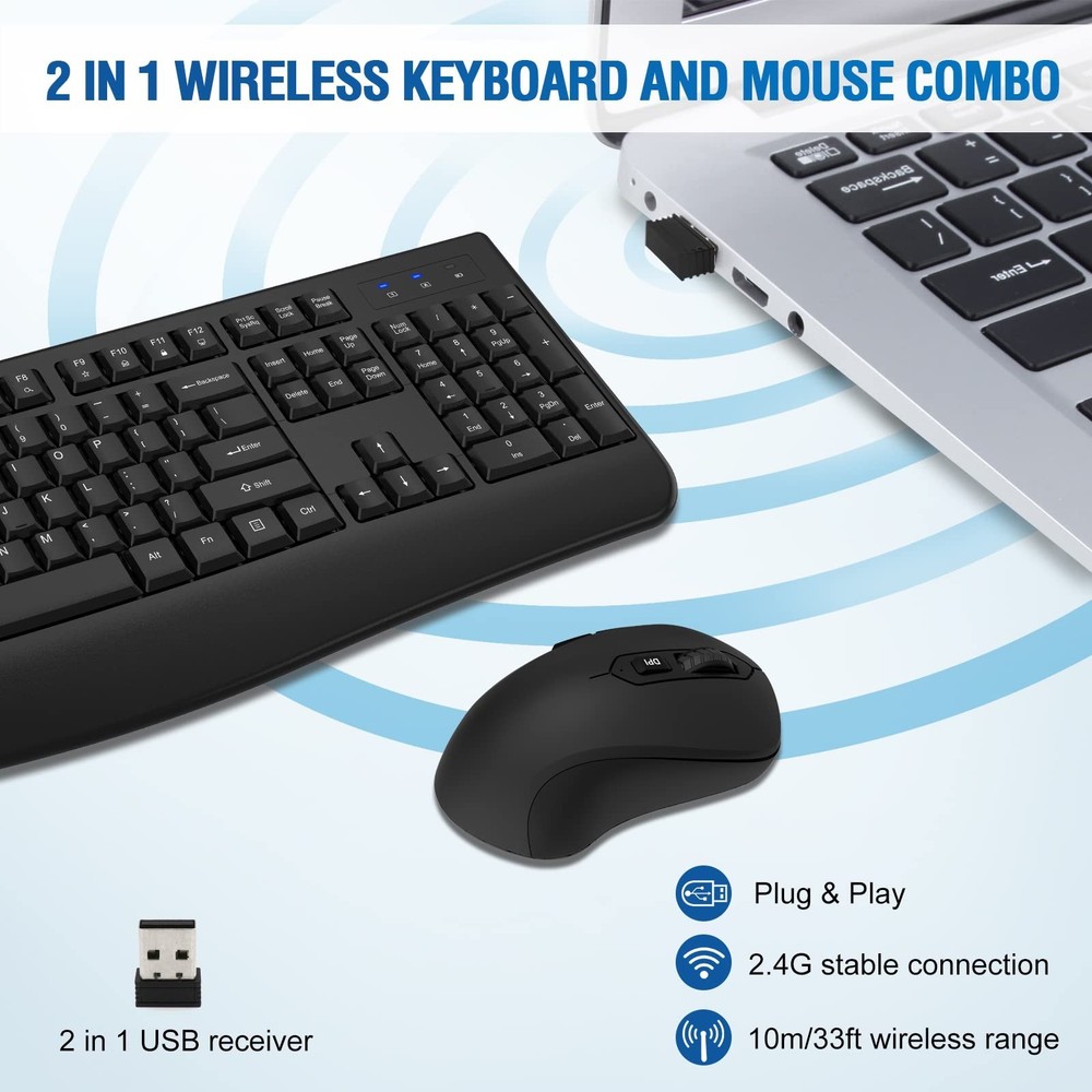 Wireless Keyboard and Mouse Combo, Full-Sized 2.4GHz Wireless Keyboard with C...