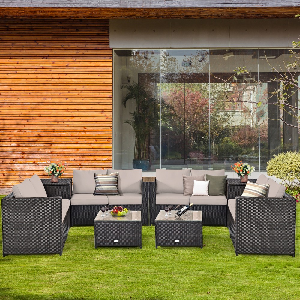 8PCS Cushioned Rattan Patio Conversation Set w/ Coffee Table Side Table
