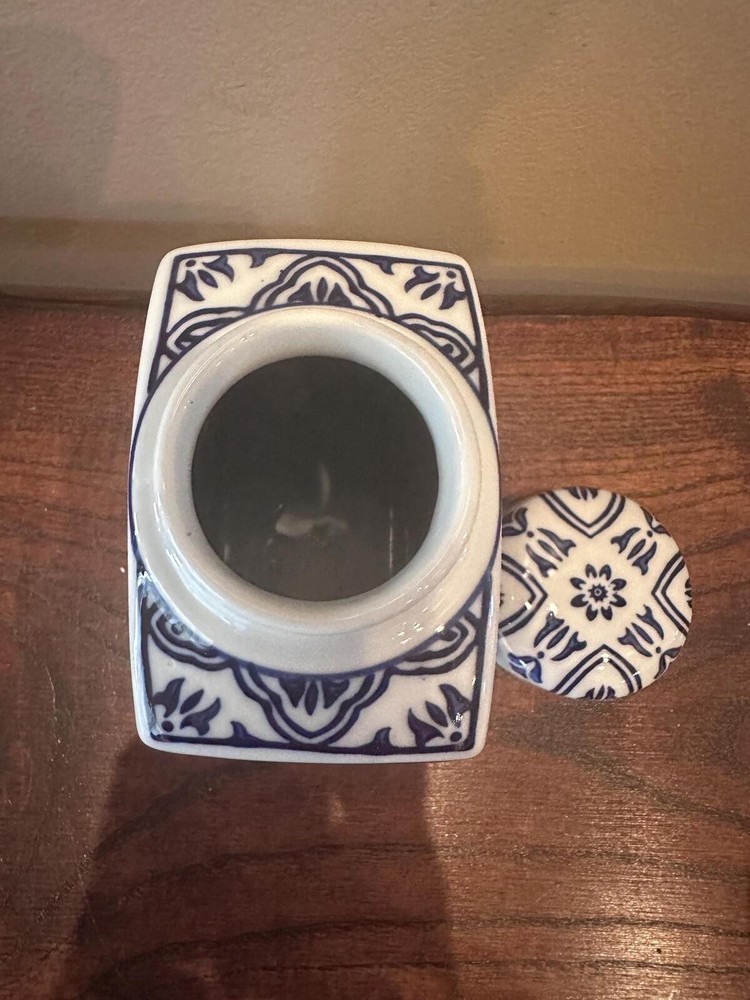 Blue and White Patterned Square Ginger Jar