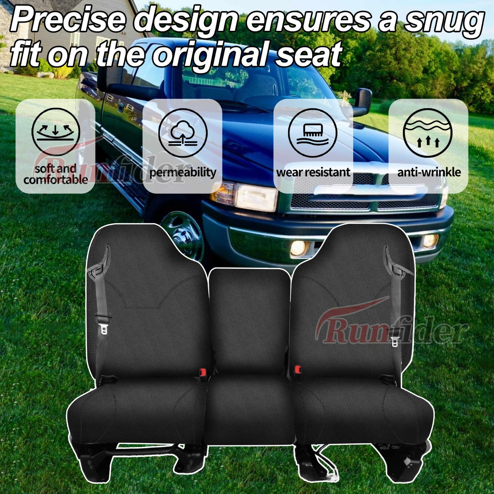 Dodge Ram 1500 2500 3500 1998-02, 40/20/40 Split Bench Seat Cover-Black