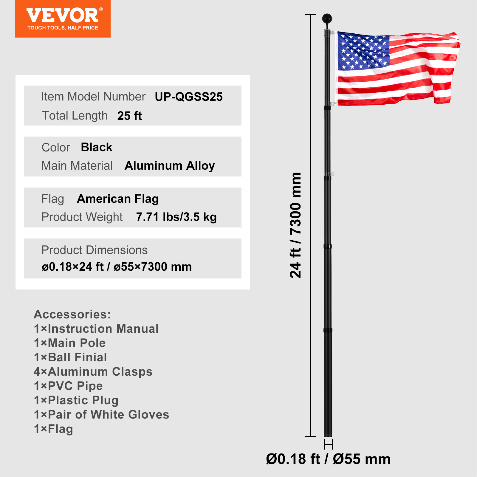 VEVOR 25FT Telescopic Flagpole Kit Heavy Duty Aluminum Flag Pole American Black
