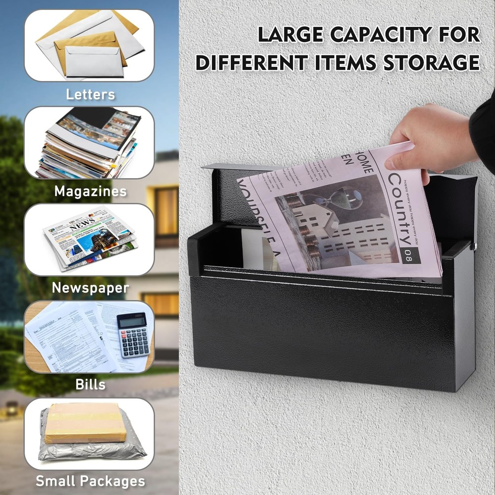 KYODOLED Wall-Mount Mailbox, Large Capacity Mail Box, Large, Black Modern