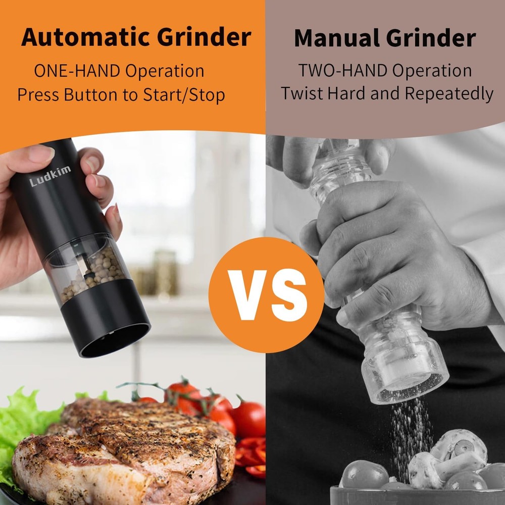 Salt & Pepper Grinder Set- Dual Pack Rechargeable Automatic Pepper Mill with ...