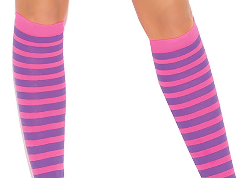 Striped Cami Top, Booty Shorts and Knee High Stockings Lingerie Set Pink/Purple