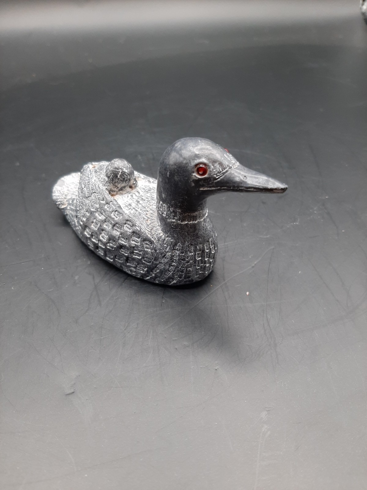 2 Wolf Original Carvings of a Loon with baby on it's back, Canada, 3 3/4" x 2"