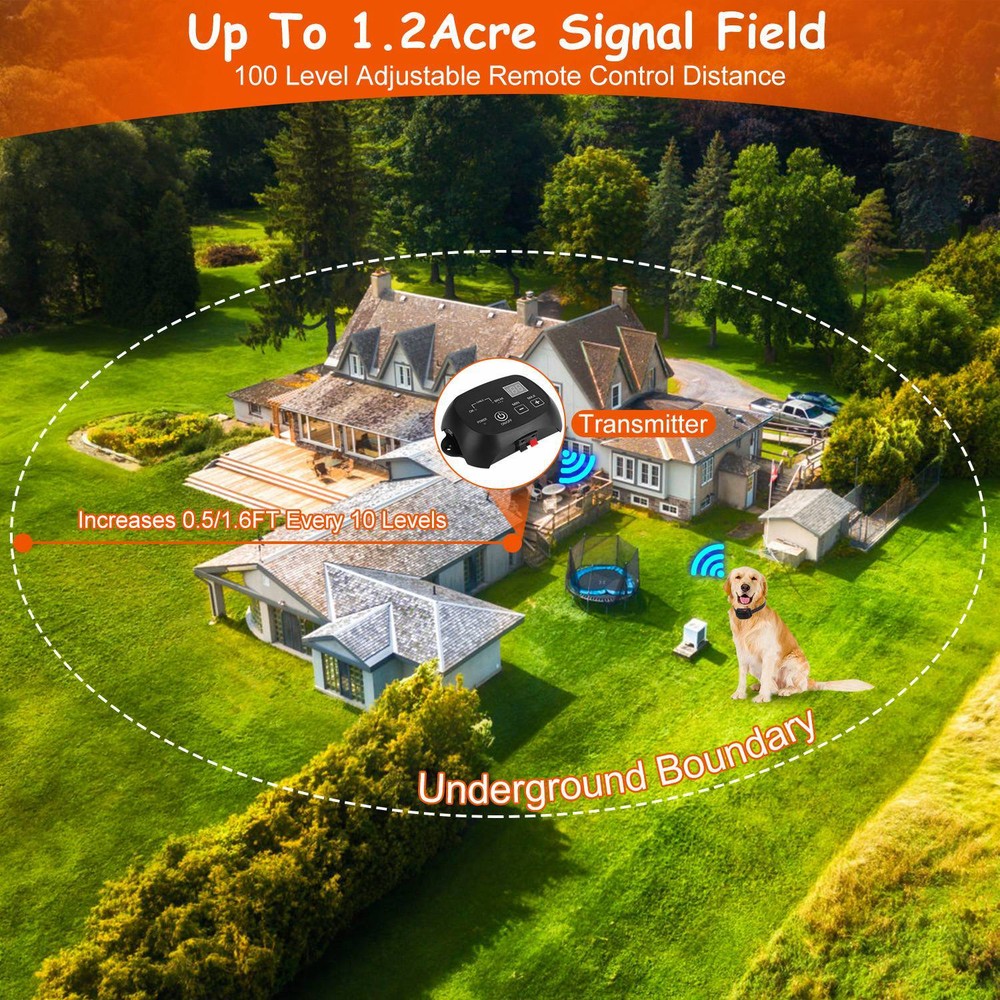 Wireless Dog Fence System w/ 2 Effective Training Modes -Adjustable Fence
