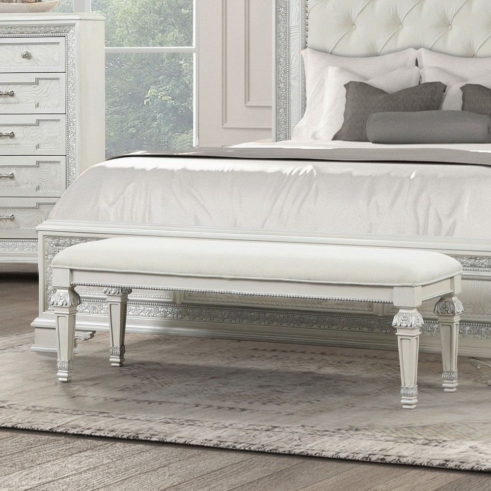 Metal Silver Finish Traditional Bench Ornate Knobs Diamond Tufted Cream