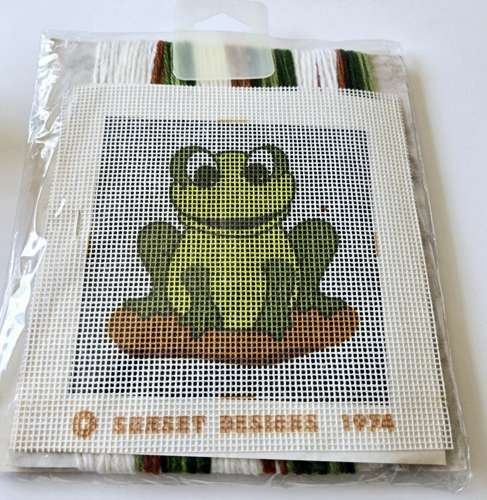 Vintage Frog Sampler Needlepoint Kit 5x5 Sunset Designs Needle Pointers 1974