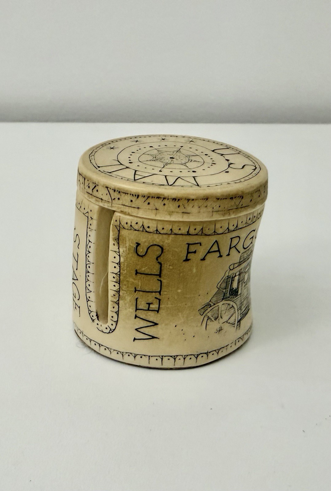 Wells Fargo Scrimshaw Stamp Dispenser with Lid Vintage Stamp Holder