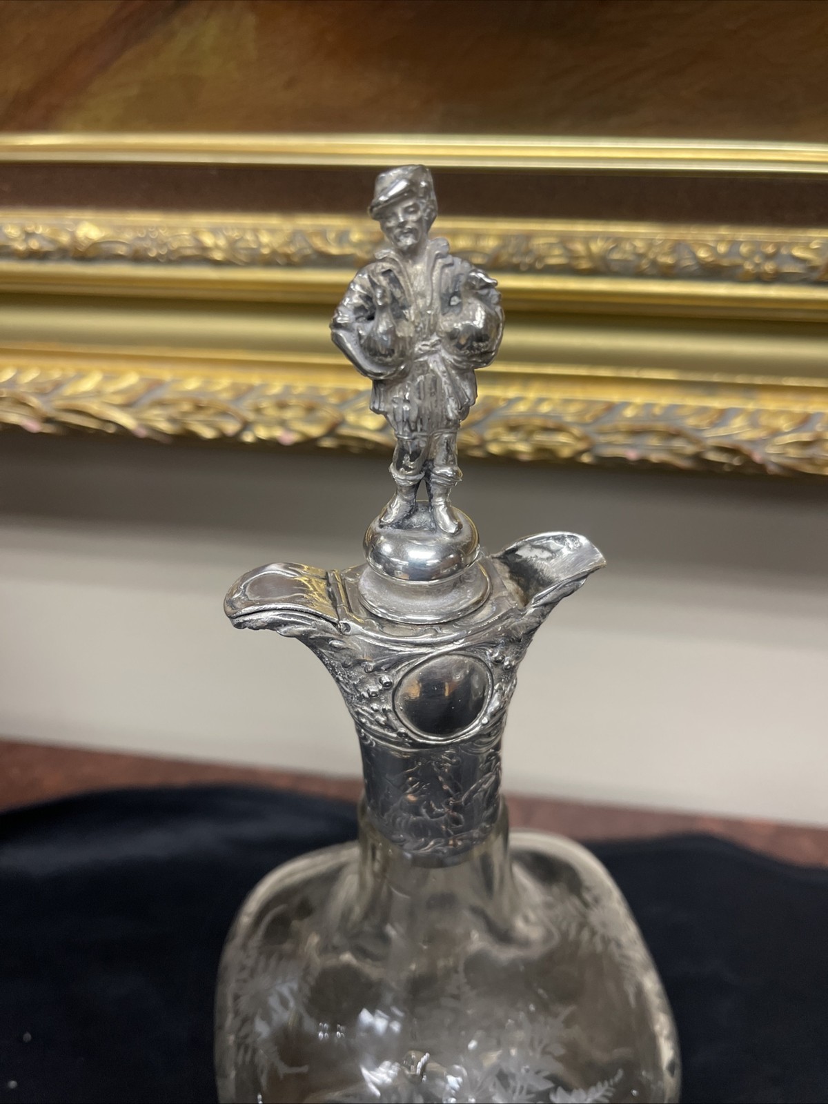 Pair Antique German Hanau Glass Decanters Bottles With sterling mounts / Tops