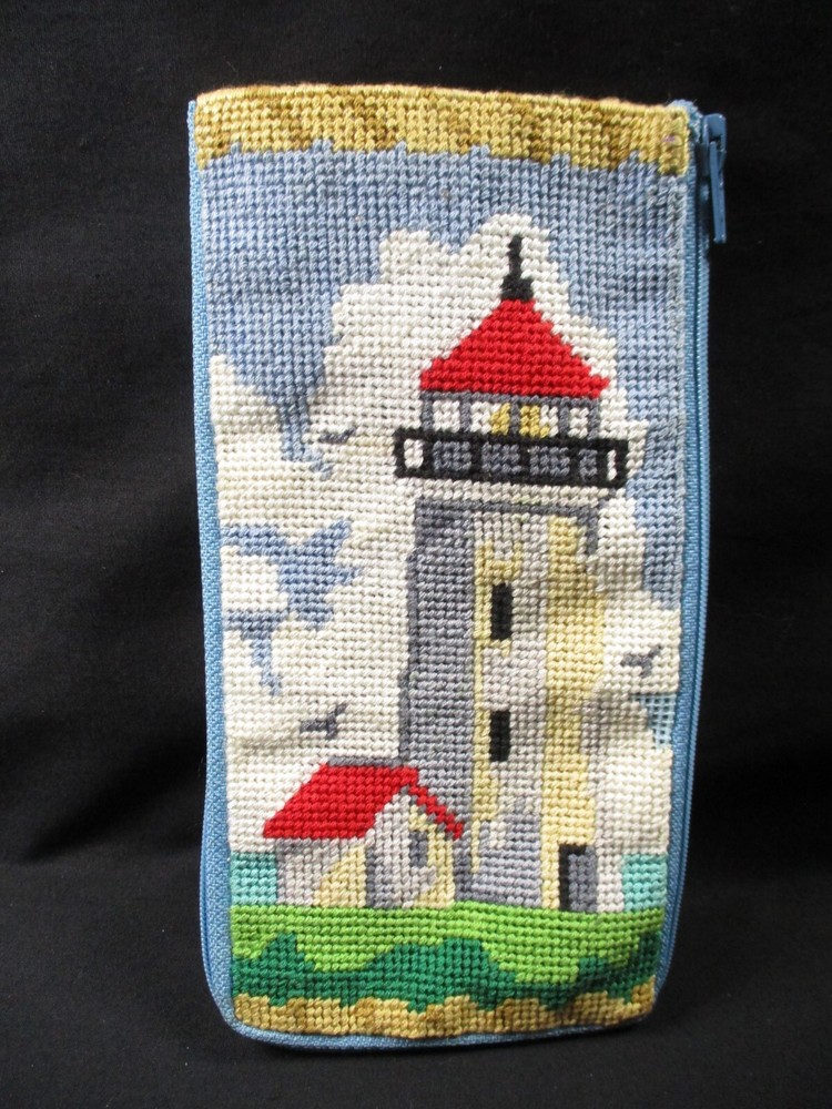 Completed Vintage Stitch & Zip Needlepoint Glasses Case - Lighthouse