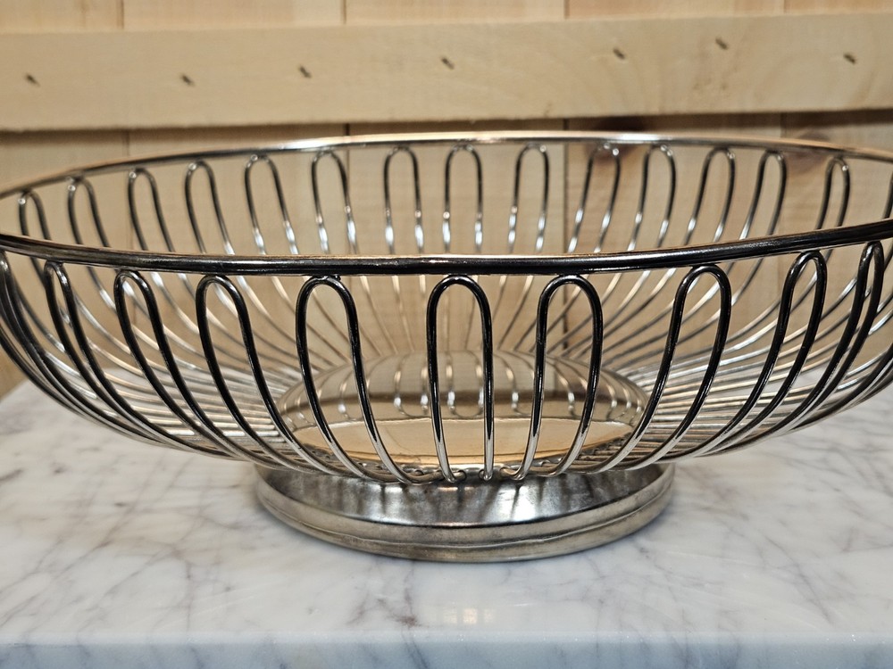 Chrome Wire Fruit Bowl Pedestal Basket Modern Metal