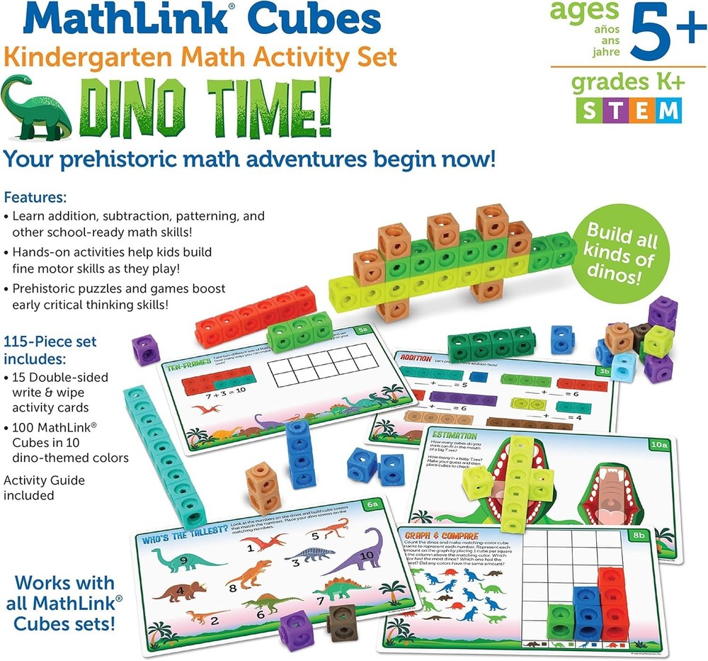 100 Dinosaur-Themed MathLink Cubes Set with Activity Cards - Fun Learning!