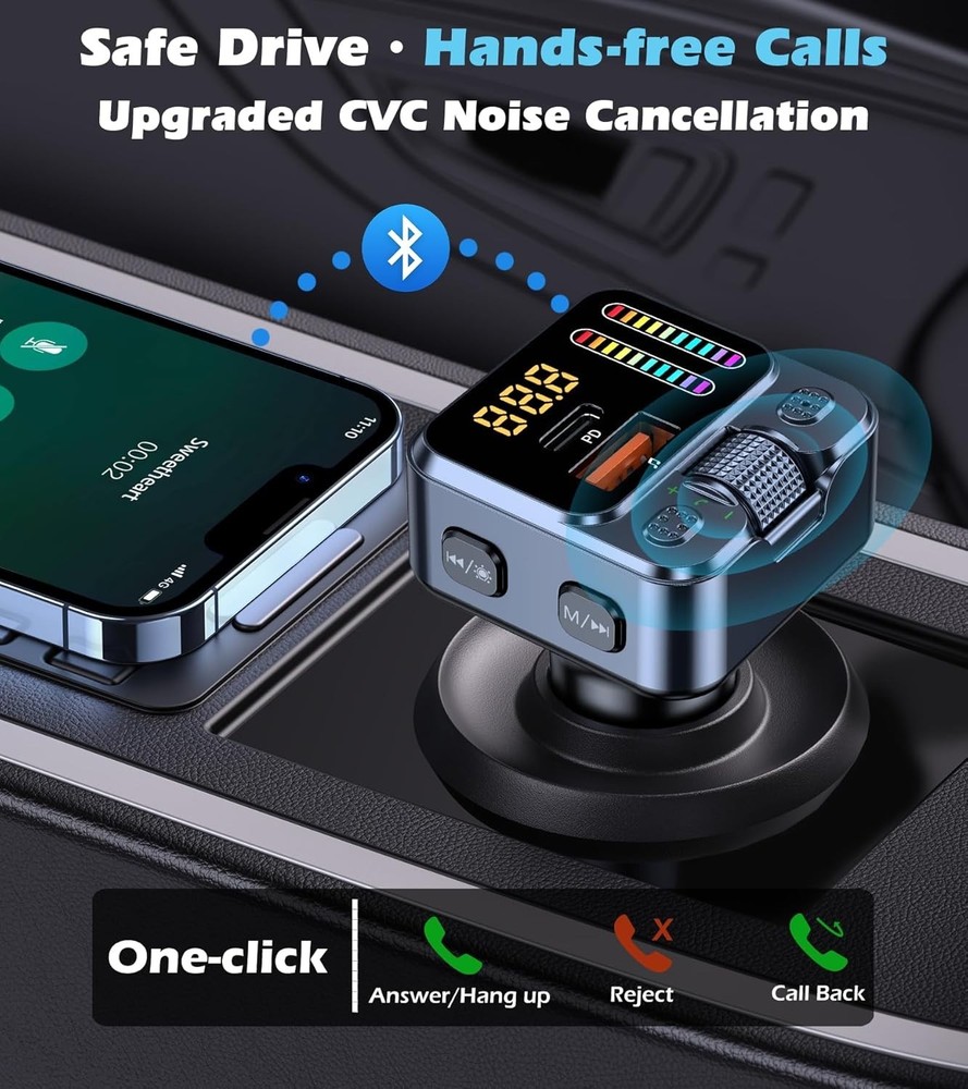 All-in-One Bluetooth 5.3 Car Adapter: FM Transmitter, Charging, and LED Lights