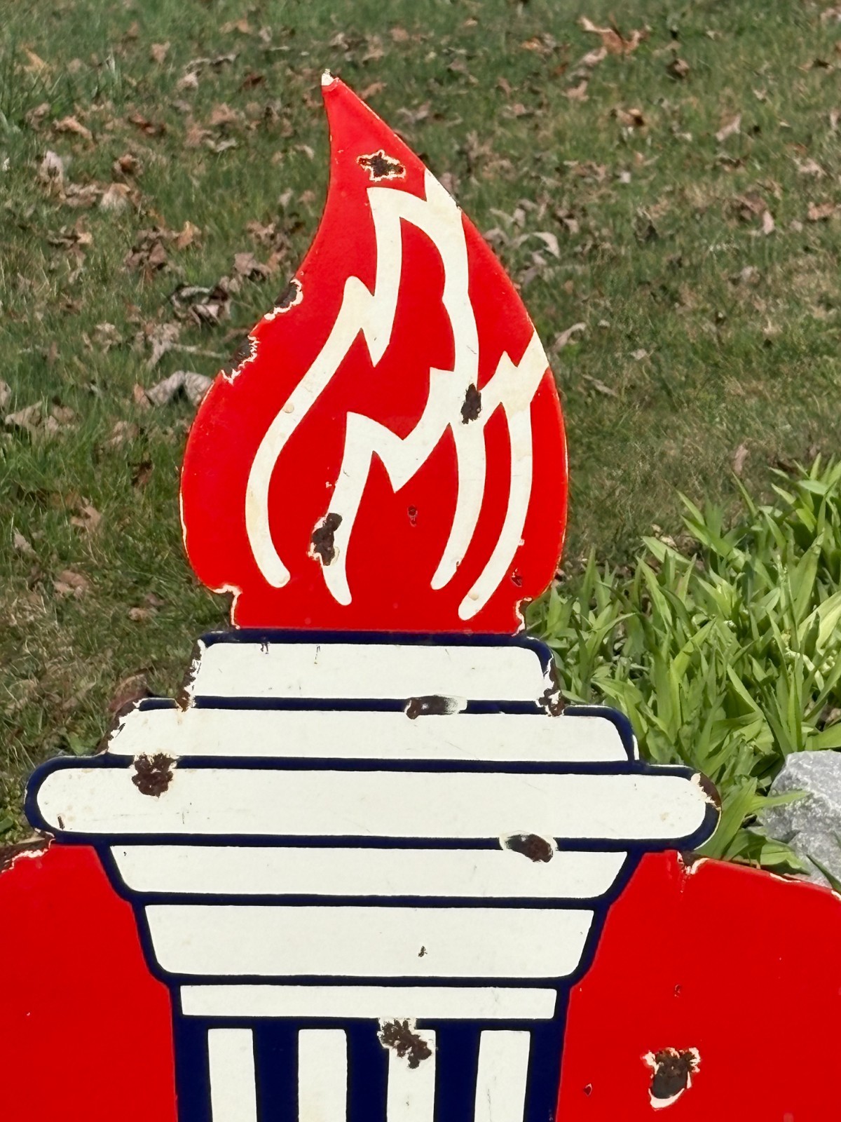 ORIGINAL 1950's "AMOCO GASOLINE" LARGE DOUBLE SIDED PORCELAIN DEALER SIGN, NICE