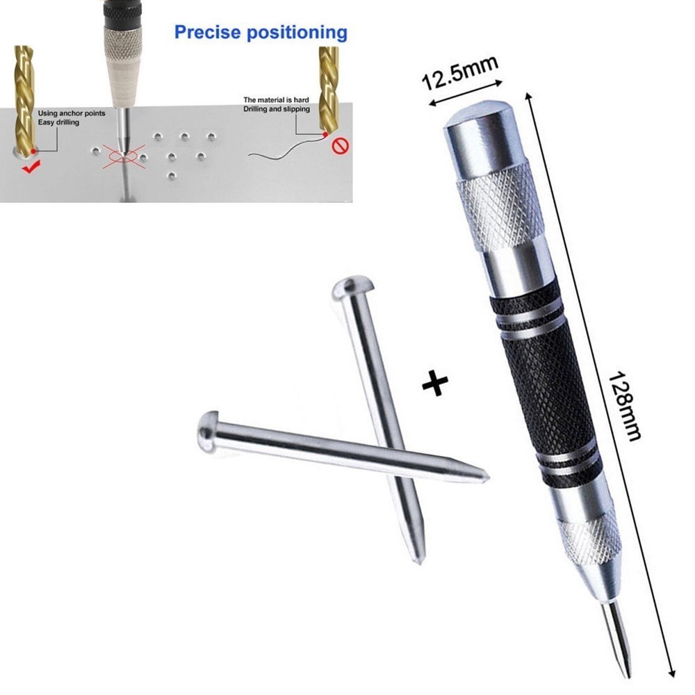 Automatic Center Punch Spring Loaded Tool Woodworking 1 Pc Black+silver