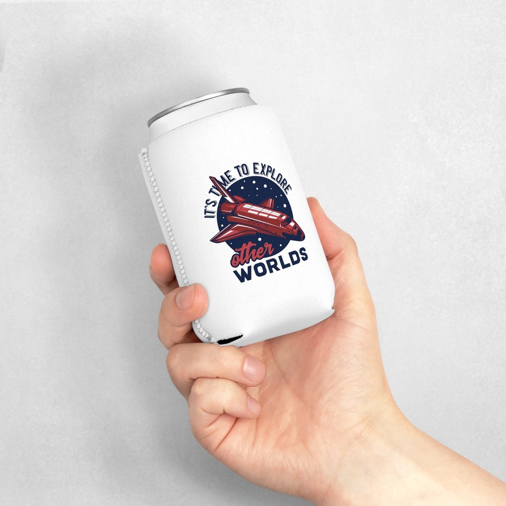 It's Time To Explore Other Worlds - White Can Cooler Sleeve