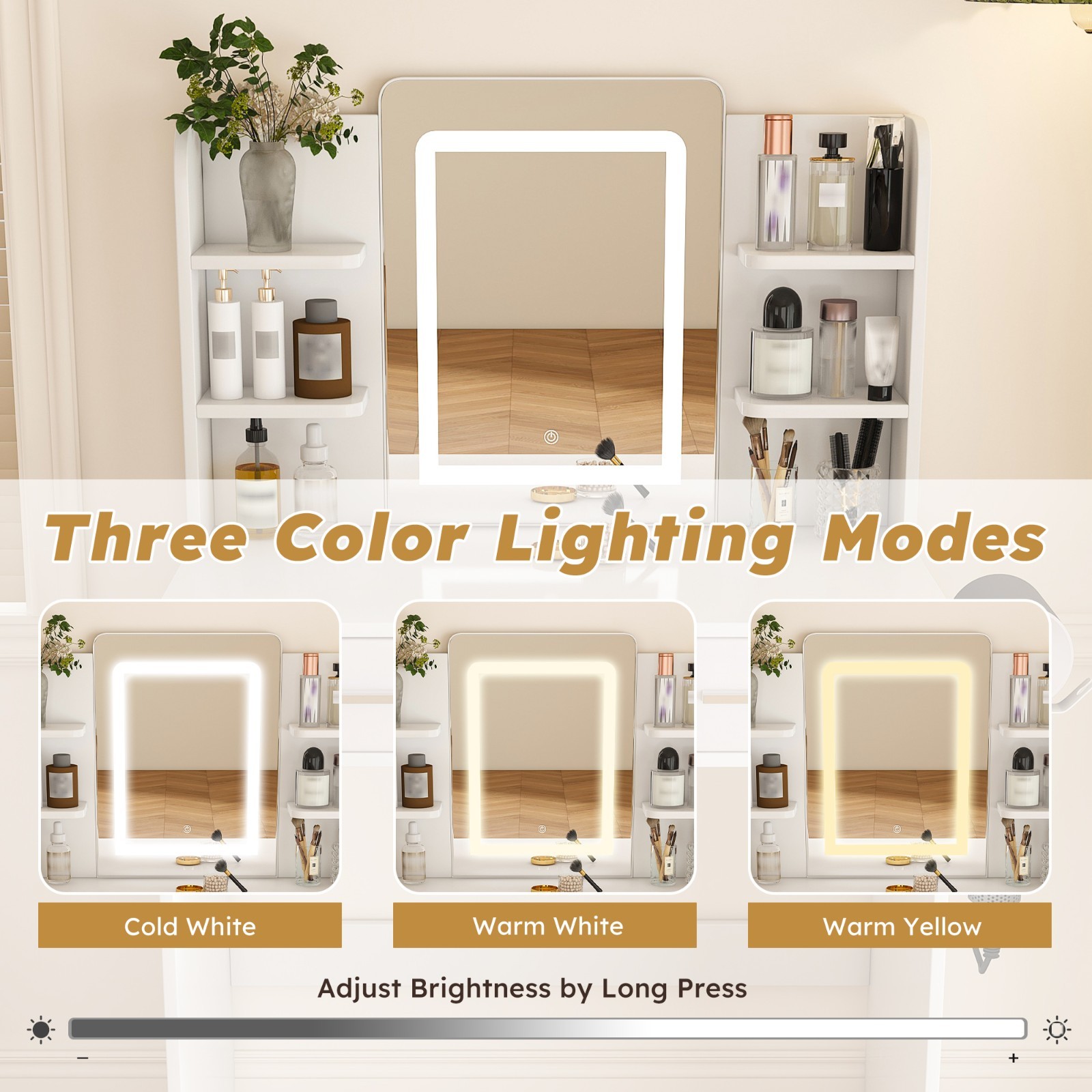 LED Mirror Vanity Dressing Table w/ Lights, 2 Large Drawers & Hair Dryer Stand