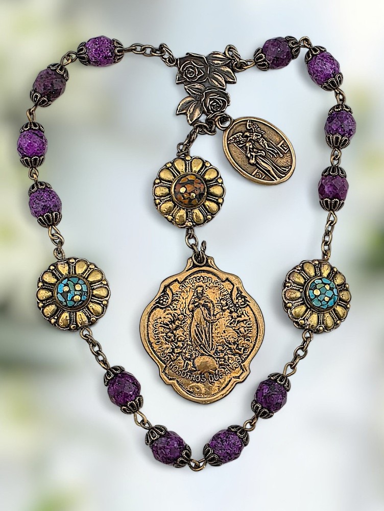 Immaculate Conception Gabriel 15 Beads Heirloom Chaplet | Bronze| Purple Jasper