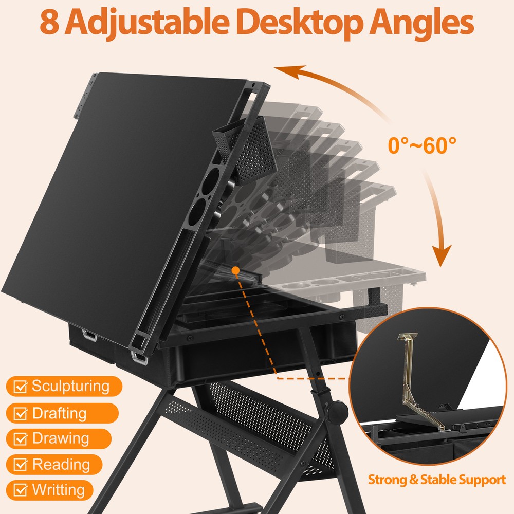Black Drafting Table & Stool Se Adjustable Height W/ Drawers & Charge Station