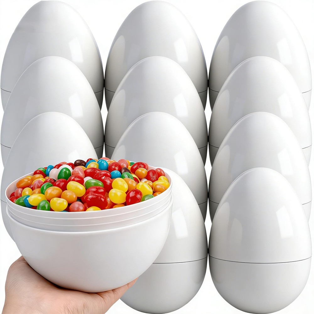 12 Pack 8 Inch Jumbo White Easter Eggs Plastic Fillable White Blank Easter Eg...