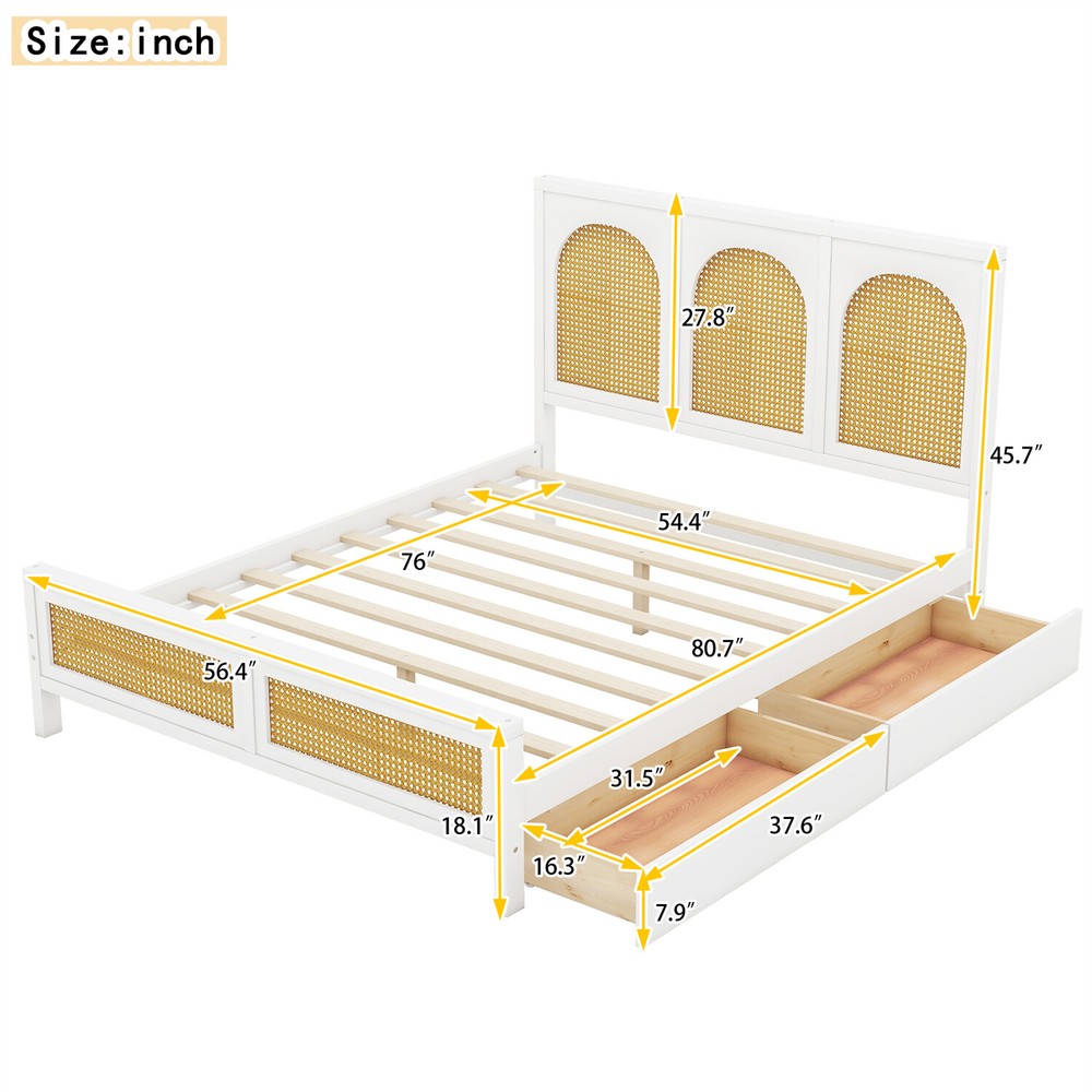 Full Size Bed Frame Wood Platform Bed Frame w/ Headboard & 2 Drawer White