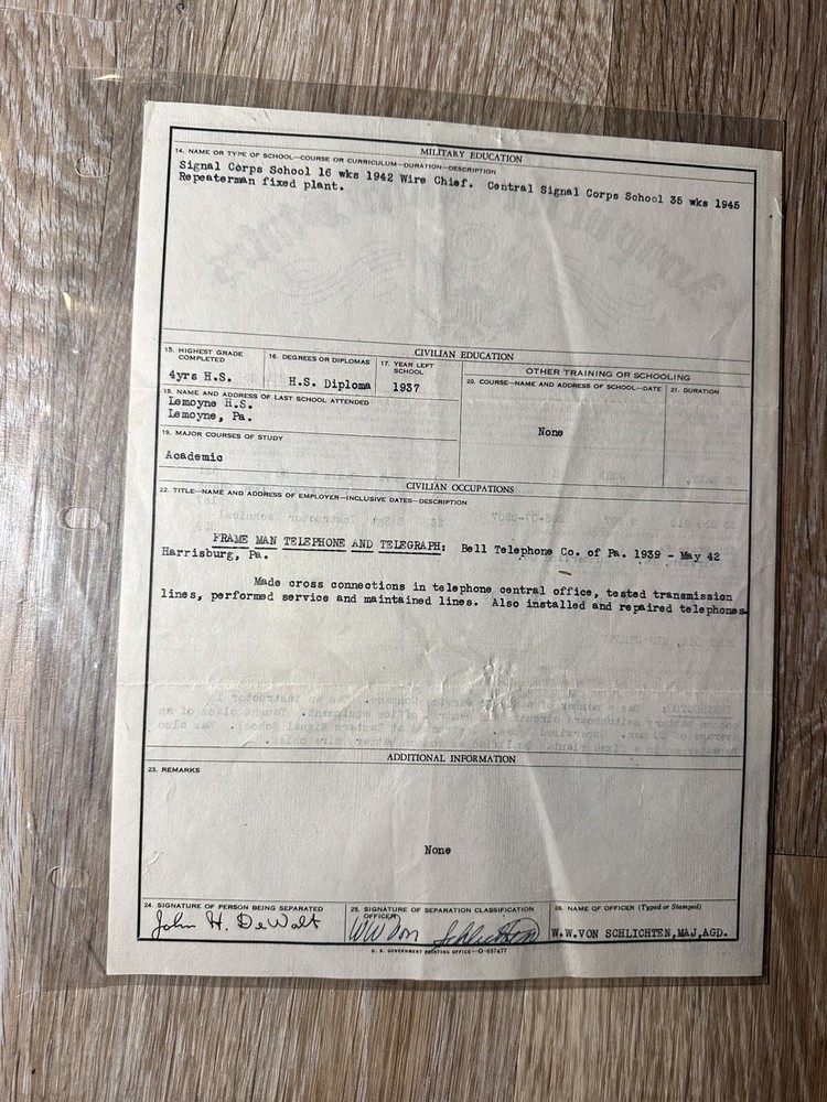 WWII Army Separation Qualification Record Papers