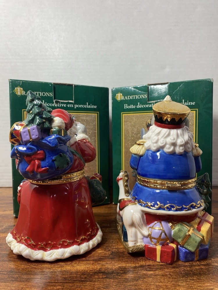 2 Traditions Porcelain Decorative Keepsake Box Hand Painted Santa & Nutcracker