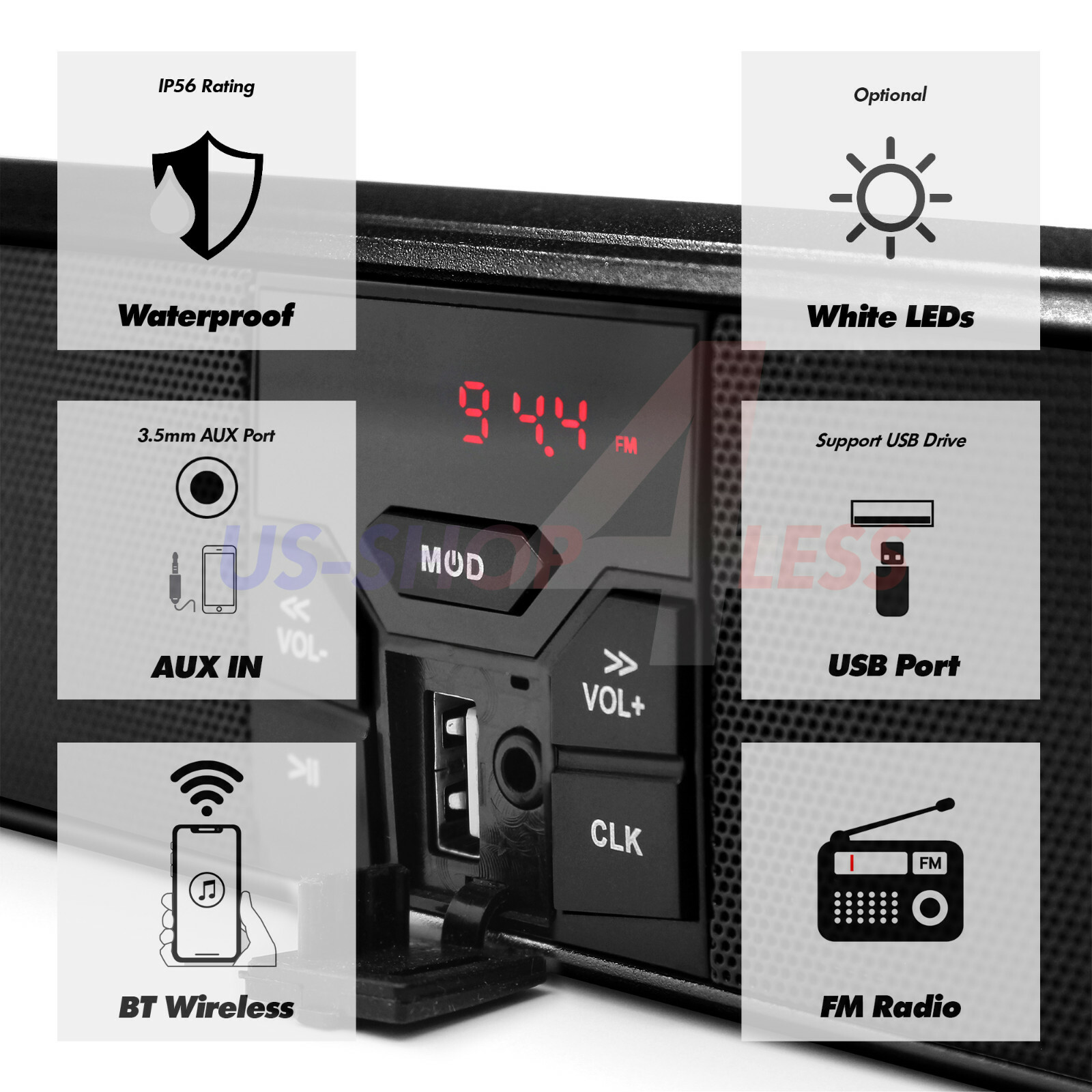 Handlebar Bluetooth Motorcycle Stereo Speakers Audio System MP3 ATV UTV 4Wheeler