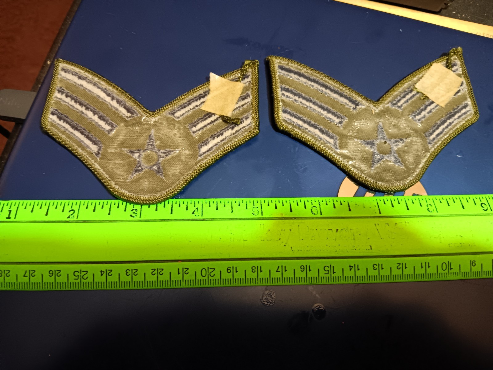 US AIR FORCE SUBDUED SENIOR AIRMAN CHEVRONS- GREEN/ BLUE 4" (21-1079)